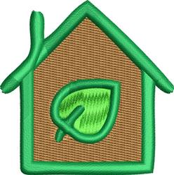 Playful green house outline with a leaf detail, set against a textured brown background, perfect for nature enthusiasts.