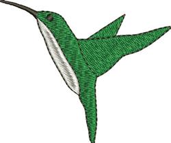 Realistic hummingbird in flight with green feathers, white belly, and a black beak, capturing vibrant natural colors.