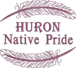 Bold text 'HURON' elegantly framed by stylized feather illustrations in traditional embroidery, burgundy and cream colors.