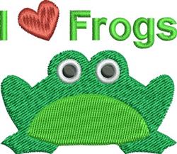 Playful green frog with large eyes and bright 'I ❤️ Frogs' text, perfect for machine embroidery.