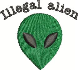 Playful green alien head with bold black eyes embroidered with 'Illegal alien' text above, perfect for sci-fi humor.