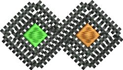 Modern interlocking diamond shapes in vibrant green and earthy orange on a black background.