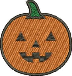 Cartoonish jack-o'-lantern with a bright orange body, green stem, and friendly black face, perfect for Halloween.