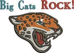 Vibrant jaguar head with distinct orange and black spots, bold 'Big Cats ROCK!' text, colorful and energetic composition.