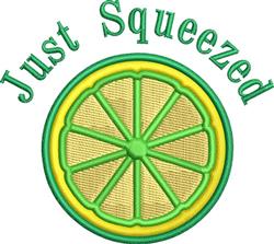 Playful lemon slice in vibrant yellow and green with 'Just Squeezed' text above, perfect for kitchen decor.