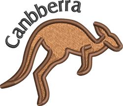 Stylized kangaroo in a jumping pose with textured shades of brown and bold 'Canberra' text above.