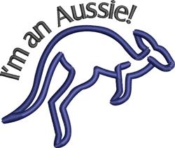 Playful kangaroo outline in blue with 'I'm an Aussie!' text in black, perfect for machine embroidery.