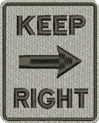 Sign with directional arrow featuring 'KEEP RIGHT' in bold text on a neutral grey background. Simple and clear design.