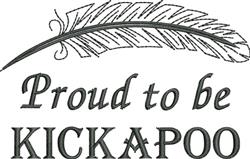 Text design 'Proud to be KICKAPOO' with an elegant feather motif above, in a monochromatic color scheme.
