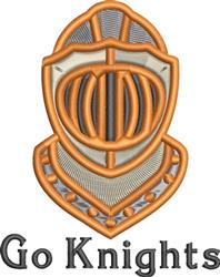 Cartoonish shield with orange and cream colors, detailed linear patterns, and 'Go Knights' text below.