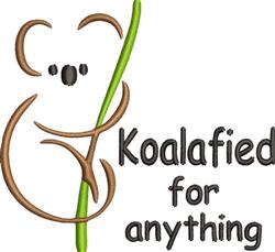 Playful koala outline holding a green branch with cheerful text 'Koalafied for anything' in vibrant colors.