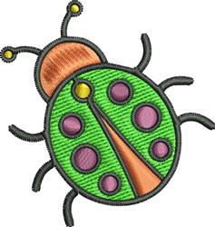 Playful ladybug applique with a green body, pink spots, and an orange head, perfect for children's items.