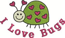 Colorful ladybug with a green body, pink hearts, and a cheerful face, featuring playful 'I Love Bugs' text, perfect for kids.