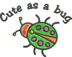 Vibrant ladybug with bold green, red, and purple colors, featuring cheerful text 'Cute as a bug' in playful font.