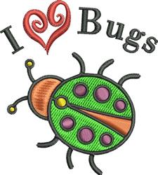 Playful ladybug with green body, vibrant purple and pink polka dots, and 'I ❤️ Bugs' text in whimsical font.