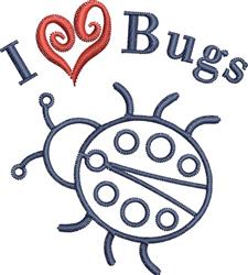 Playful ladybug design with blue accents and a vibrant red heart, featuring the phrase 'I Love Bugs' in cheerful style.