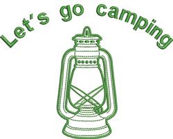 Vintage lantern with playful text 'Let's go camping', featuring a fresh green palette, perfect for outdoor projects.