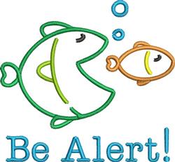 Playful large green fish with small orange fish, bubbles above, and 'Be Alert!' text in cartoon style.
