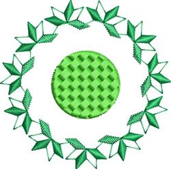 Circular design featuring a green woven texture center, surrounded by a leafy wreath of vibrant green leaves.