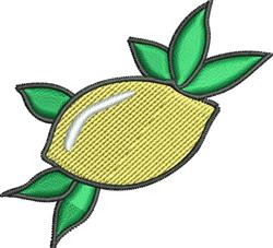 Colorful applique lemon with glossy shine, vibrant green leaves and dark outline on a neutral background.