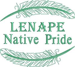 Cultural text 'LENAPE Native Pride' in green, surrounded by delicate feather motifs. Informative and expressive.