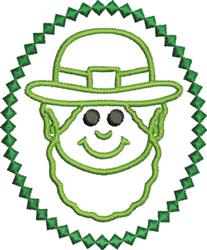 Cartoon leprechaun face with a large green hat, vibrant green outline, and a cheerful smile for St. Patrick's Day.