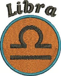 Libra text in bold font with a black zodiac symbol and teal border on an orange circle background.