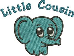 Cartoon elephant in light blue with big expressive eyes and 'Little Cousin' text, perfect for children's apparel.