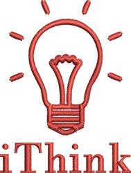 Playful light bulb outlined in bold red with rays, featuring modern text 'iThink' below in a minimalistic design.