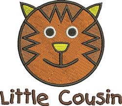 Playful lion face with cheerful orange fur, large white eyes, and green ears. 'Little Cousin' in brown text below.