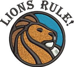 Cartoon lion head with a golden-brown mane, bold colors, and 'LIONS RULE!' text in a circular format.