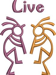 Two playful figures in abstract design, one red and the other orange, with curly hair, featuring ‘Live’ text.