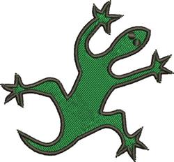 Cartoonish green lizard with outstretched limbs and large expressive eyes, outlined in brown thread.