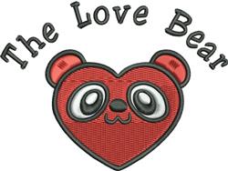 Cute bear with expressive eyes and round ears inside a red heart for Valentine's Day with playful text 'The Love Bear'.
