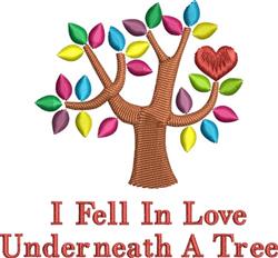 Decorative tree with colorful leaves and a red heart, featuring playful text, perfect for romantic settings.