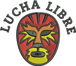 Colorful Lucha Libre mask in red, yellow, and orange with black outlines. Playful, graphic design for embroidery.