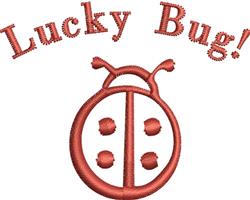 Cute red ladybug with black spots and smiley antennae alongside playful 'Lucky Bug!' text, perfect for children.