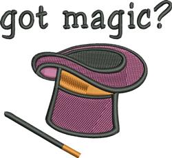 Playful purple magic hat with broad brim and bright orange wand, featuring whimsical 'got magic?' text.