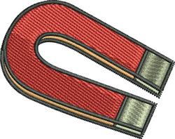 Magnet in bright red with metallic ends and sharp outline stitching, showcasing a simple and colorful design.