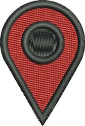 Map pin design in a simple and modern style with a red body, black outline, and circular detail at the center.