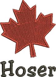 Bold red maple leaf with a textured look and black 'Hoser' text below, seasonal Canada Day theme.
