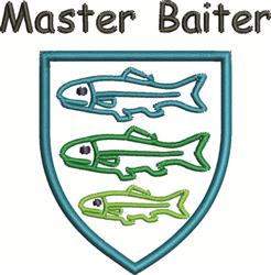 Playful shield design featuring colorful fish illustrations and 'Master Baiter' text, perfect for fishing enthusiasts.