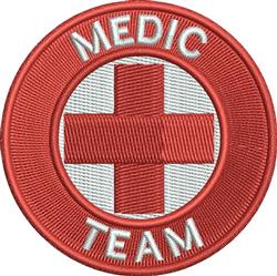 Medic emblem featuring a bold red cross, encircled by a striking red border, with 'MEDIC' and 'TEAM' in white.