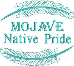 Text design 'MOJAVE Native Pride' in teal, flanked by two feathers, featuring modern cultural elements.