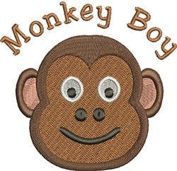 Playful monkey face with large eyes, smiling mouth, and prominent ears, embroidered text 'Monkey Boy'.