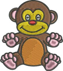 Playful cartoon monkey with brown fur and a yellow face, featuring large eyes and pink paw pads.