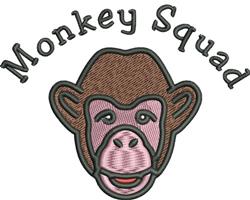 Playful monkey head in brown and pink with 'Monkey Squad' text above in lively font, ideal for kids.