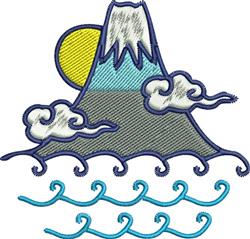 Playful mountain with snowcap, vibrant sun, and billowing clouds over dynamic waves in colorful embroidery design.