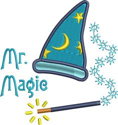 Playful blue wizard hat with yellow stars, a crescent moon, and a sparkling magic wand for birthday celebrations.