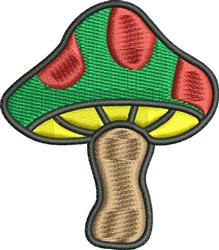 Whimsical mushroom with vibrant green cap, red spots, cheerful yellow gills, and a rich brown stem. Playful design.